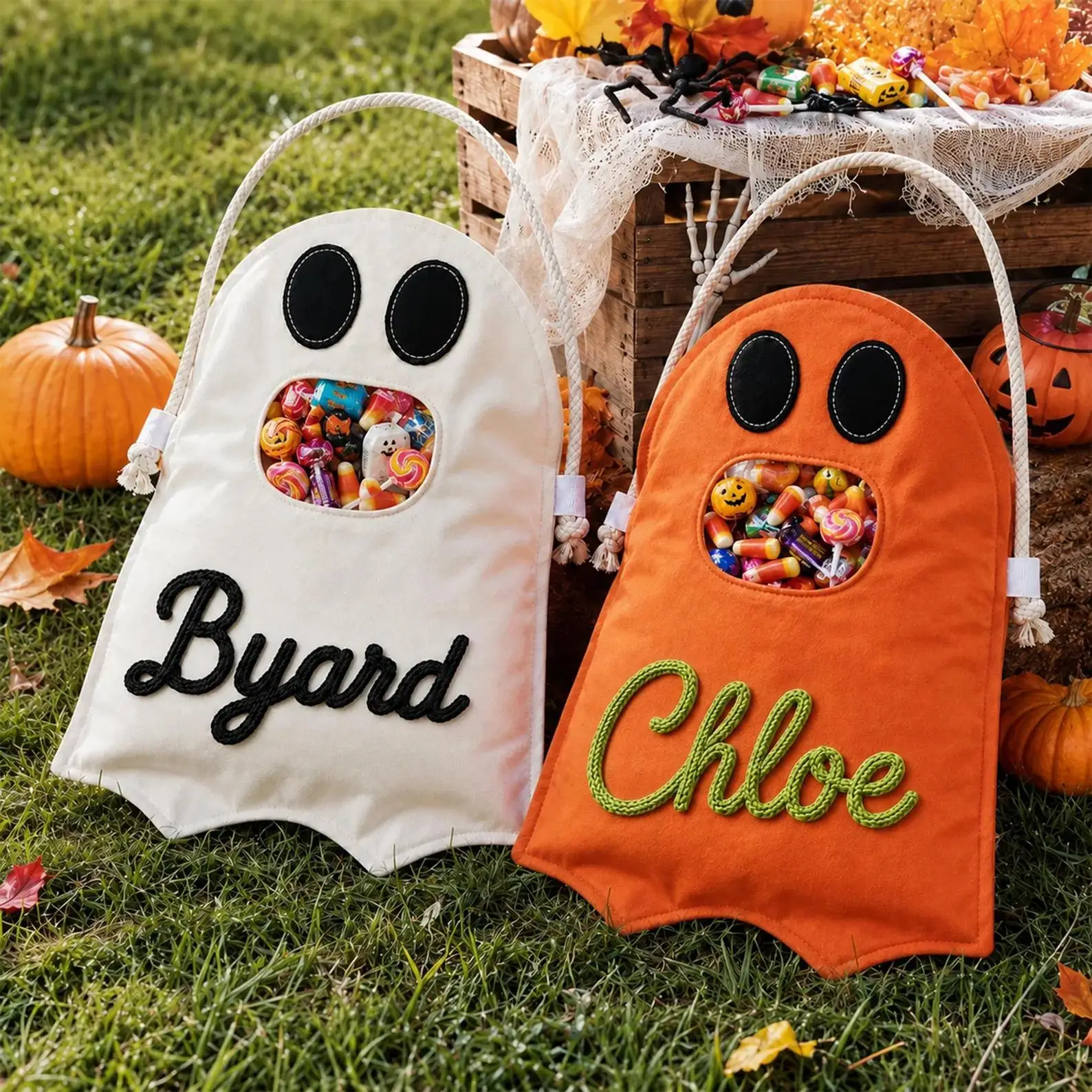 名前入りのオリジナルお菓子袋、ハロウィーンのお菓子を入れるカスタムバッグ、子供向けのハロウィーンお菓子袋、幼児用ハロウィーンバスケット