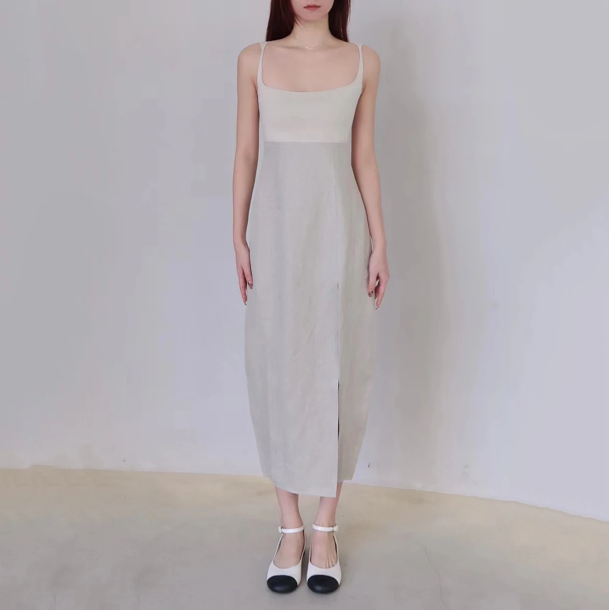 Knitted stitching slim package hip skirt temperament elegant slit linen collision color sleeveless square neck formal dresses