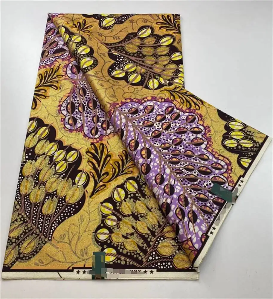 

New 2025 African Grand Golden Wax Fabric Ankara Glitter Golden Wax Soft Flash Gold Print Batik High Quality Pagne Purple Women