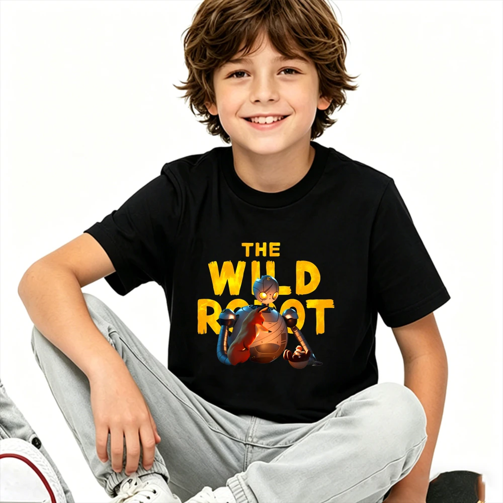 Kids The Wild Robot Large Bold Letter 3D Robot Fox Print T‑Shirt Boys Girls Short Sleeve Tee Children Cotton Daily Casual Tops