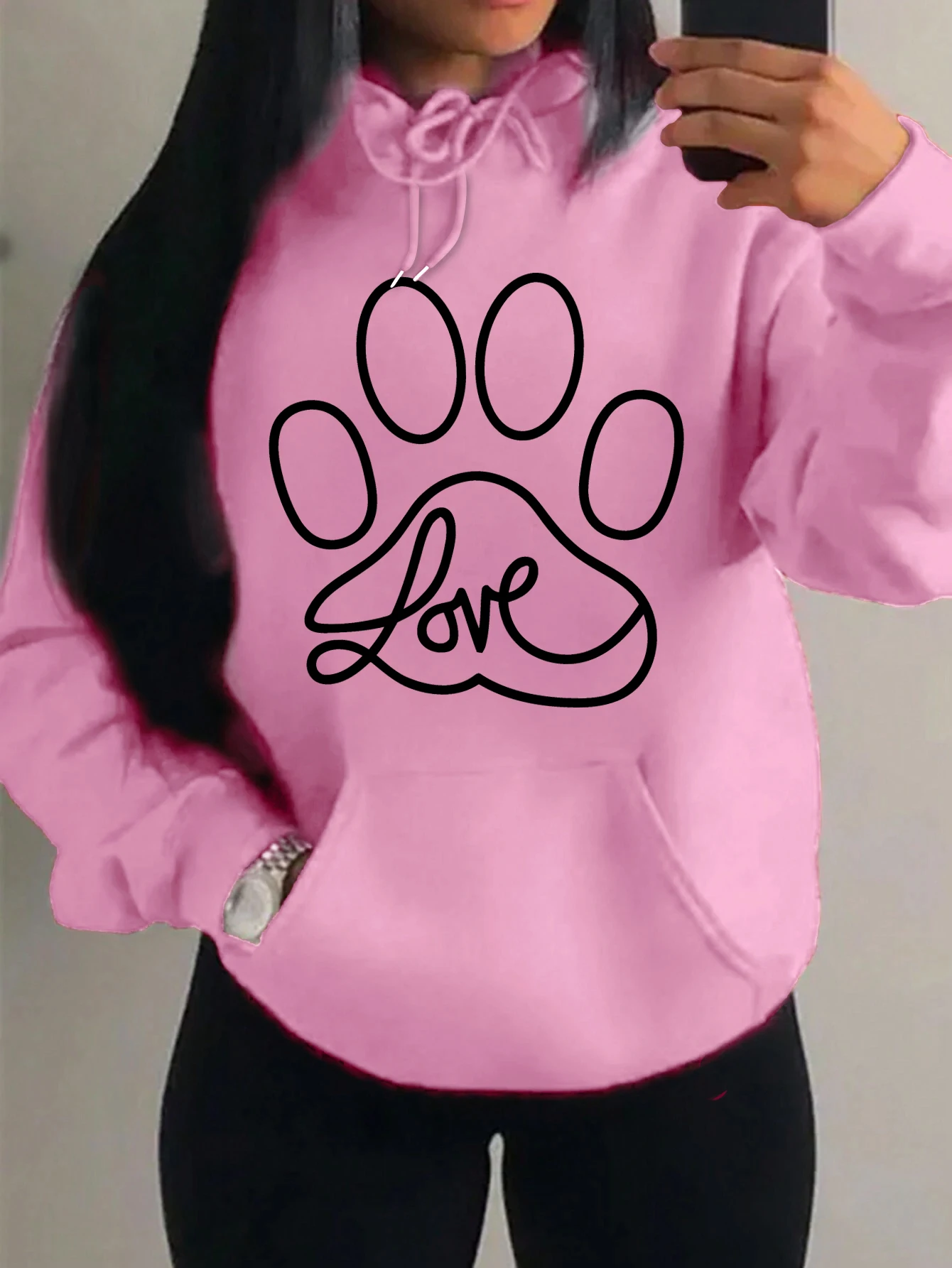 Amor na mão de gato Moletons com estampa criativa para mulheres, roupa esportiva de lã, bolso outono, streetwear hip hop, nova moda