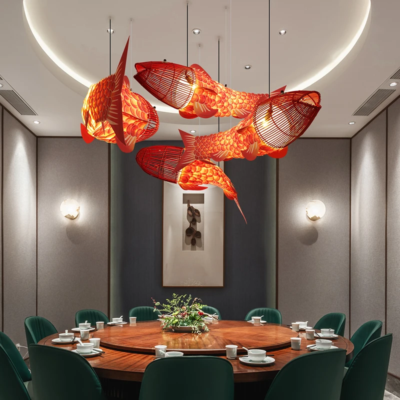 Modern Wooden Big Fish Pendant Lights Chinese Style Bamboo Light Fixture Creative Restaurant Chandeliers Living Room Decor Lamps