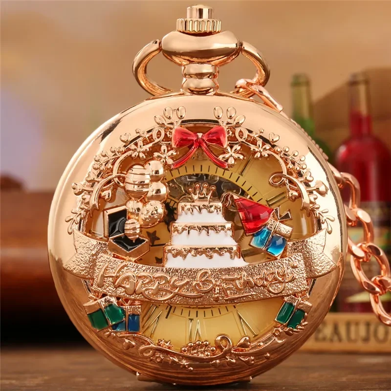 

Creative Pocket Watch Hollow Out Happy Birthday Cake Design Unisex Hand Winding Mechanical Clock Timepiece with FOB Chain