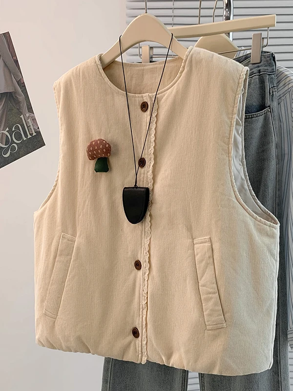 High-End Women's Corduroy Vest Outerwear Autumn Winter Warm Sleeveless Loose Fitting Fashionable Straight Cut Daily Wear