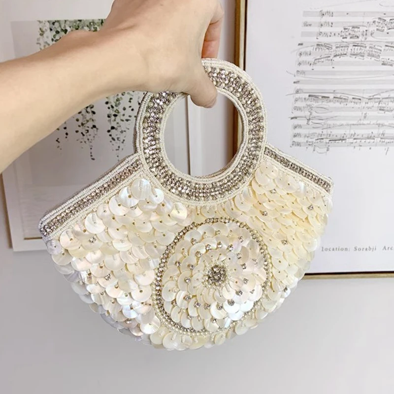 DOYUTIG indyjskie kobiety ręcznie wyszywane koralikami Shell Tote błyszczące haftowane Rhinestone torba na ramię pod pachami Lady Party torebka z uchwytem N024 — zdjęcie 5
