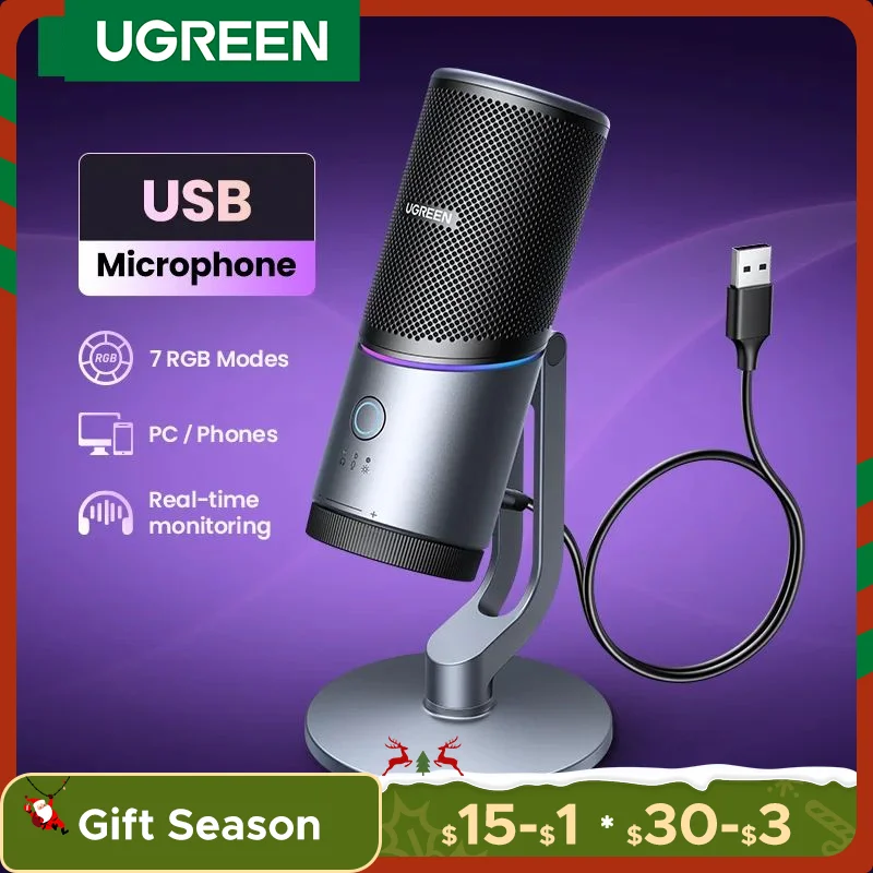 

UGREEN USB Microphone with RGB Modes Professional Condenser Mic for PC Mac Gaming Karaoke Recording Streaming Podcasting