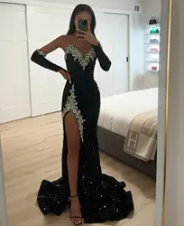 Customized Sparkly Sequined Black Prom Dress Long for Women 2025 Crystal Beaded Mermaid V Neck Formal Evening Gowns Party Dress