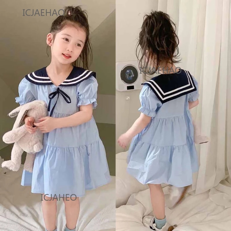 

2025 Children Girls Navy Collar Dress Clothes New Preppy Style Costume Kids Princess Short Sleeve Outfit Matching Summer Dresses