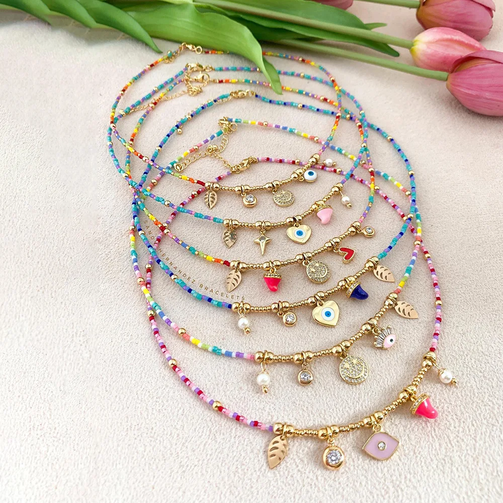 

Ожерелье из рисовых бусин, кулон в виде листьев, глаз в богемном стиле, ручное плетение, регулируемое женское модное простое ожерелье из бисера