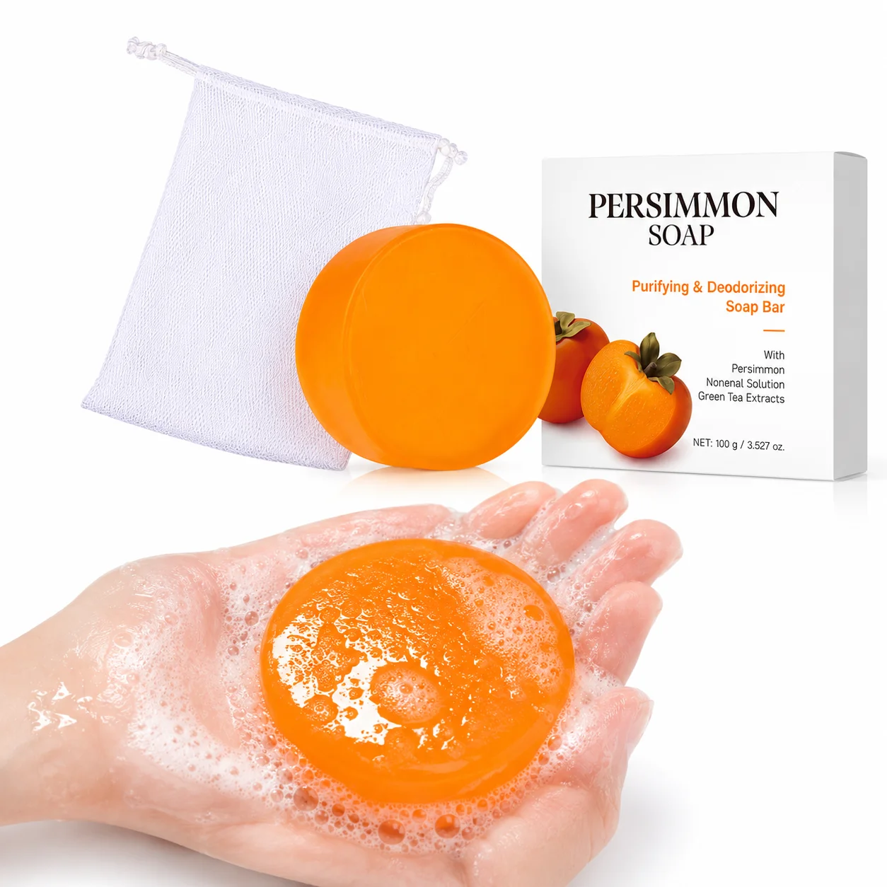 5PCS Persimmon Deodorizing Soap Bars with Foaming Bags, Deep Cleansing Body Soap with Shea Butter, Fresh Skin Care for Shower &