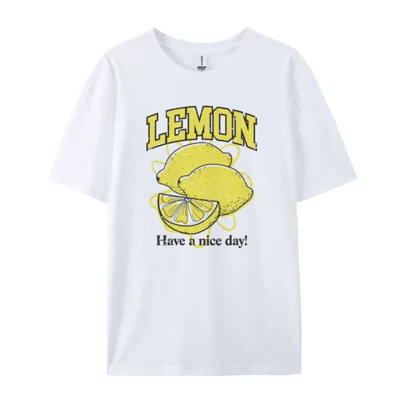 Lemon Print T-Shirts Cute Aesthetic Fruit T Shirt Retro Style Oversized Streetwear Graphic Tees Women Trendy Vintage Fashion Top