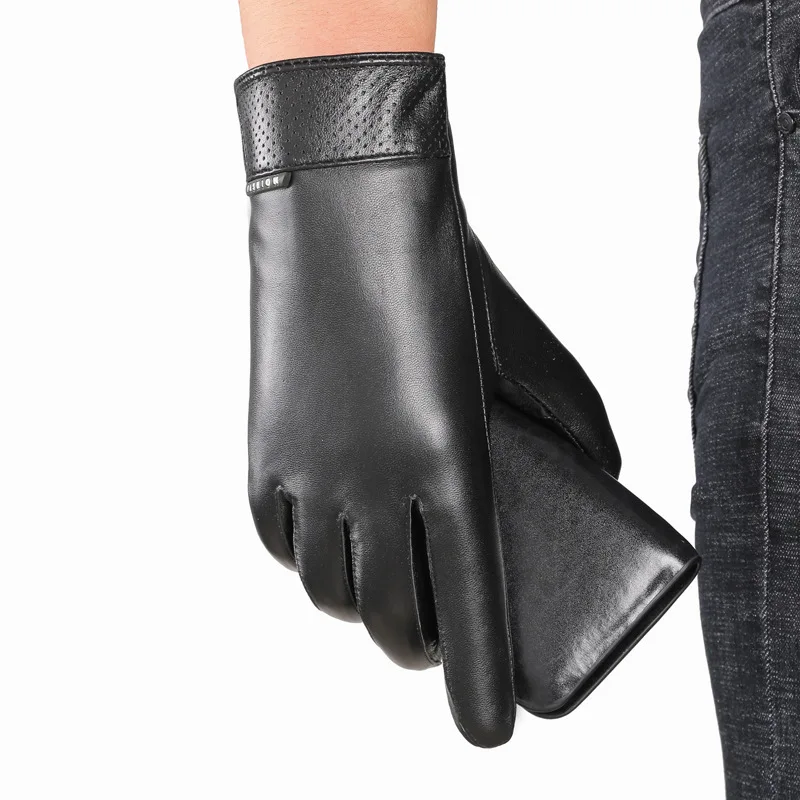 Genuine Leather Gloves Men Warm Thick Touch Screen Driving Riding Motorcycles guantes invierno Top Layer Sheepskin Fleece Gloves