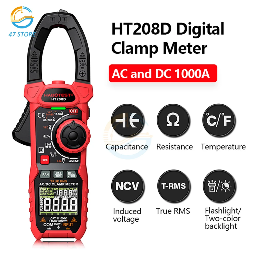 HT208D 1000A AC DC Digital Clamp Meter Multimeter 6000 Counts True RMS Auto-ranging Current Voltage Temp Capacitance NCV Tester