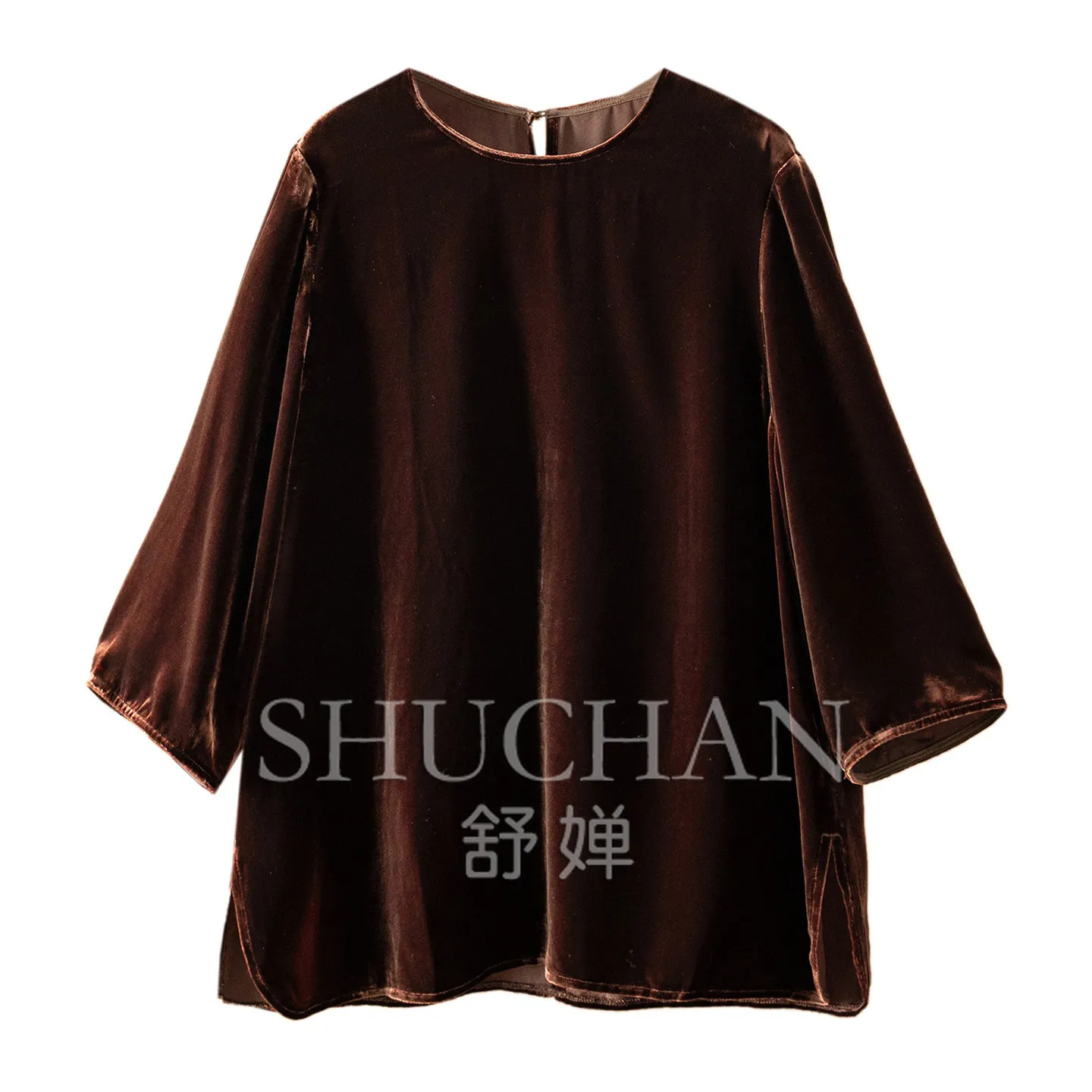 Blouse Low-key Old Money Blouse High-quality Silk Velvet Round Neck Medium-sleeved Shirt  Women's 73J2