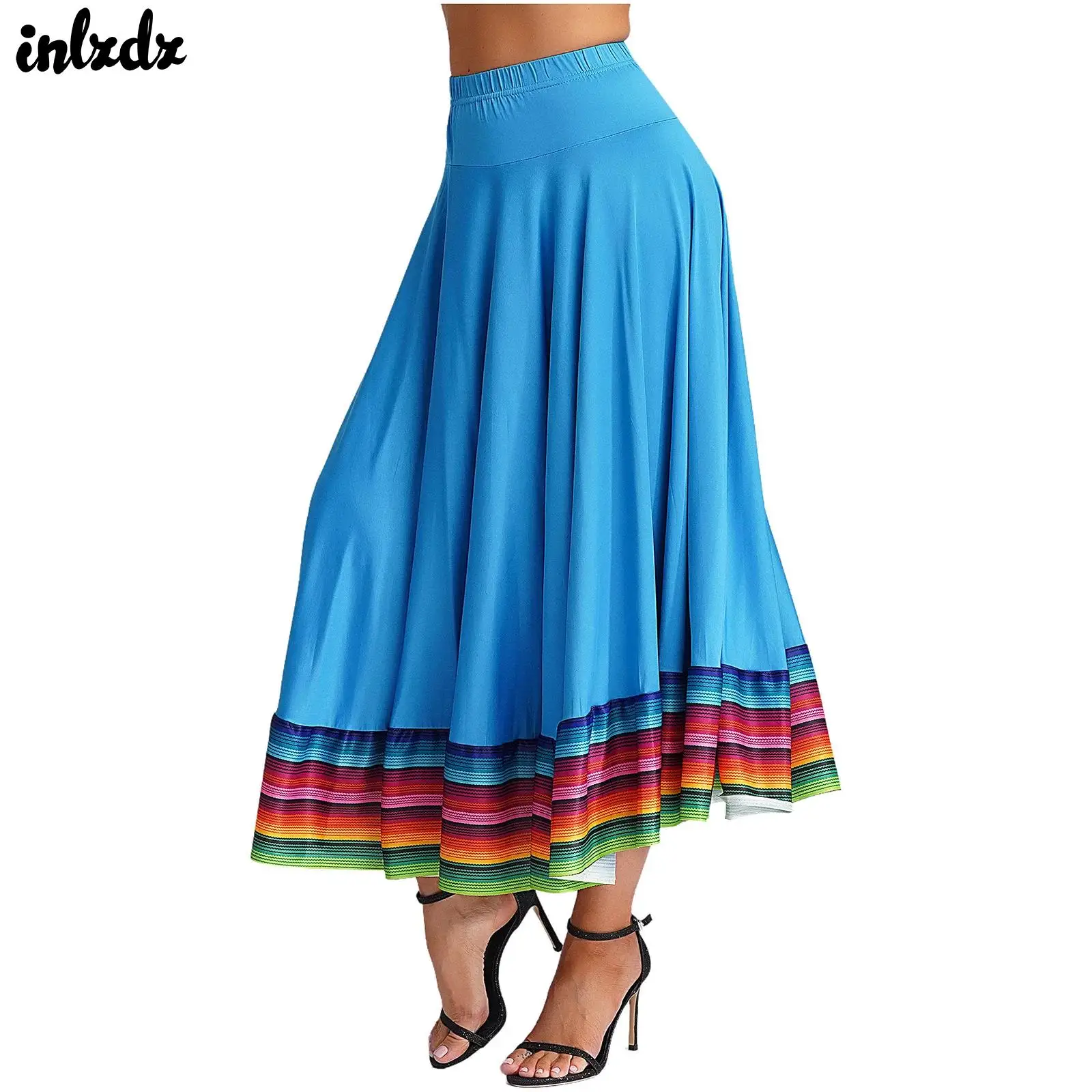 Womens Spanish Mexican Flamenco Folk Dance Skirts Stripe Hem Wrinkle Long Swing Maxi Skirt Ballroom Dance Performance Costume