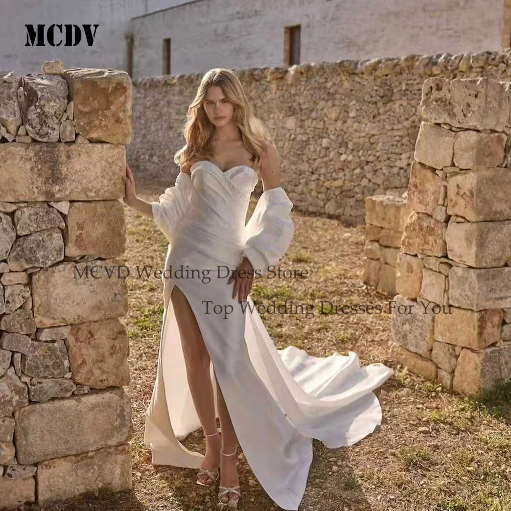 

MCDV Customized Sexy Wedding Dress Strapless Neck Sleeveless Mermaid Elegant High Split bridal Dress Satin vestidos de novia