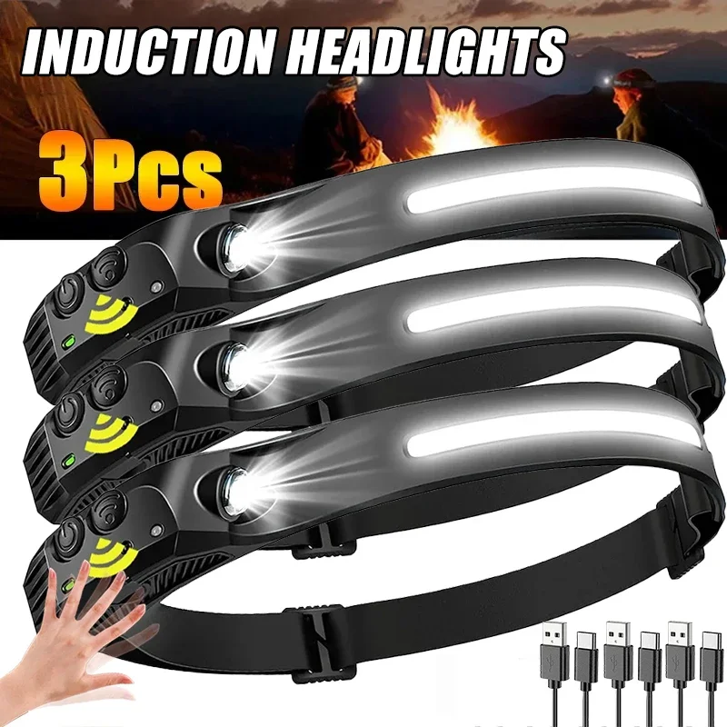 Induction Headlamp COB+LED Head Flashlight Built in Battery USB Rechargeable Outdoor Waterproof Camping Fishing Work Lantern