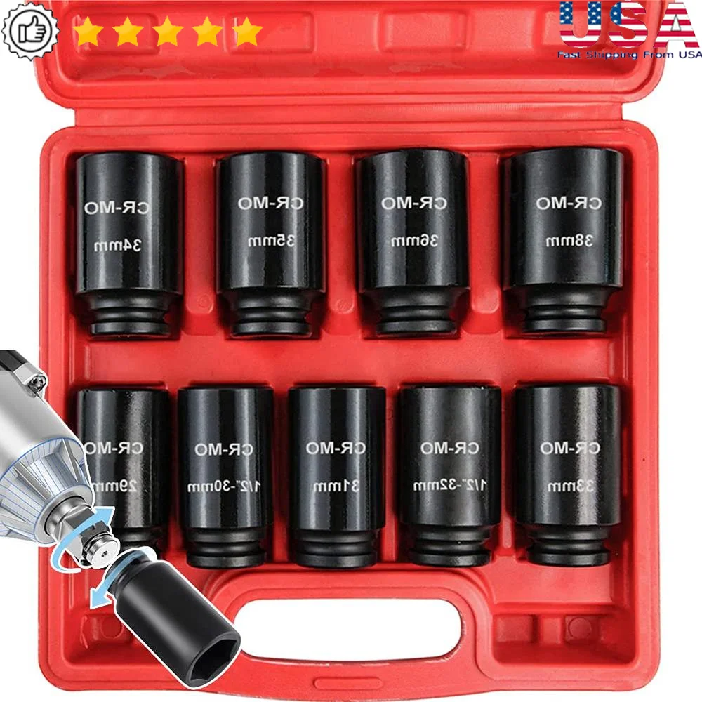 Heavy Duty 9-Piece Metric Deep Impact Socket Set CR-MO 29-38mm Spindle Axle Nut Hex Drive Corrosion-Resistant Blow Molded Case