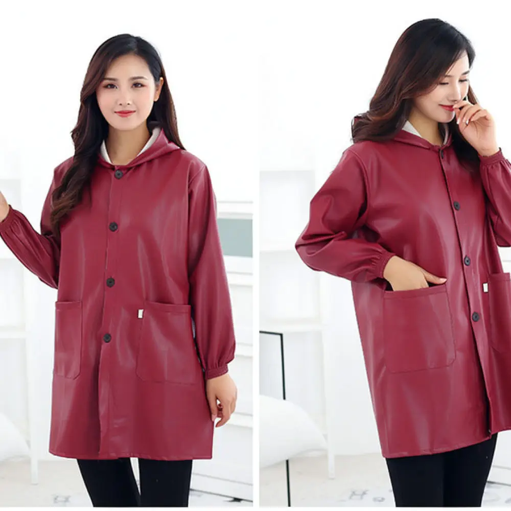 Long Sleeve Apron Waterproof PU Leather Kitchen Smock Oil Proof Professional Cleaning Bib Thickened Soft Durable Home Uniform
