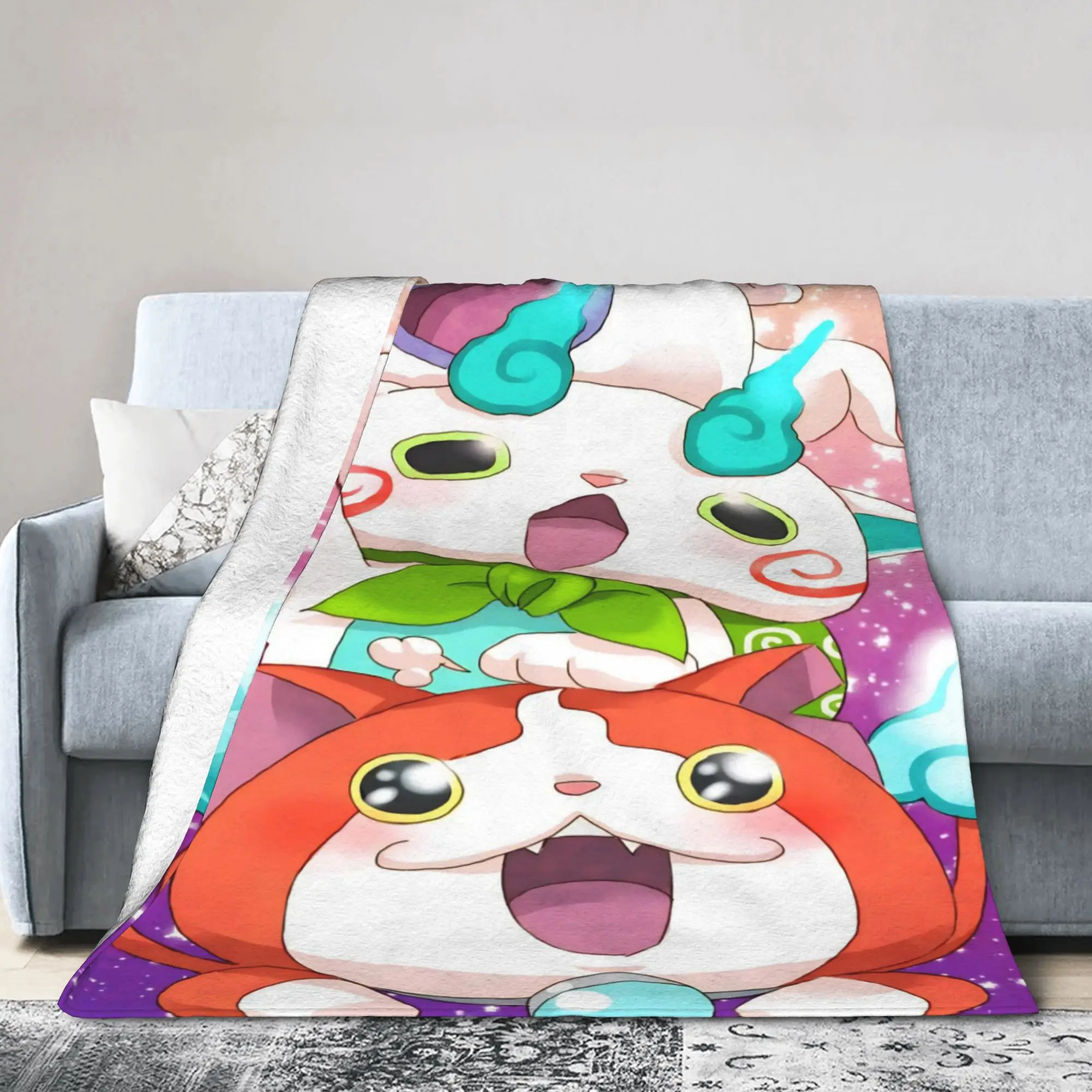 Yokai Watch Game Knitted Blankets Fleece Komasan Jibanyan Lightweight Thin Throw Blankets for Bedroom Sofa Bed Rug