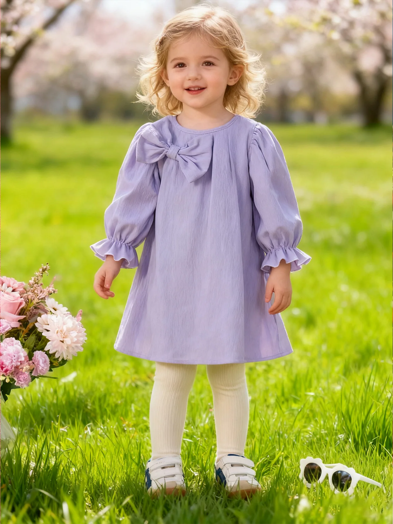 Lässiges Mädchenkleid mit langen Ärmeln, ausgestellten Ärmeln, Rundhalsausschnitt und knielangem Rock, mit Schleife, modisch und vielseitig kombinierbar, geeignet für Mädchen im Alter von 3 bis 8 Jahren. – Detail 2