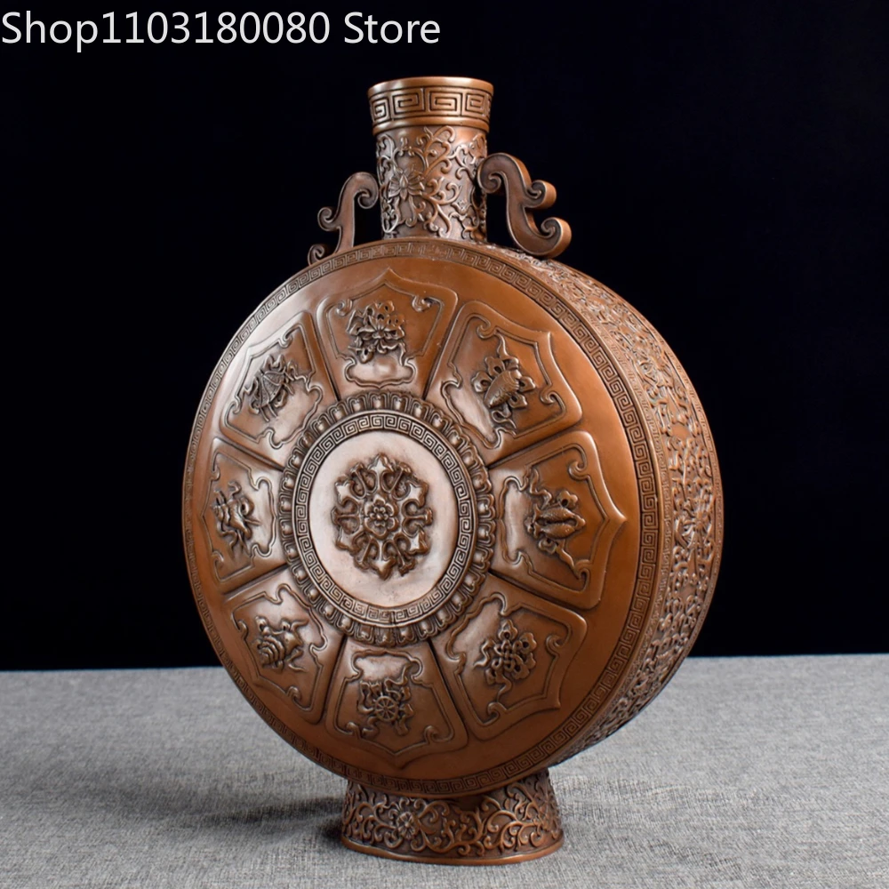 40cm Red copper carving Eight Auspicious Signs Vase decor