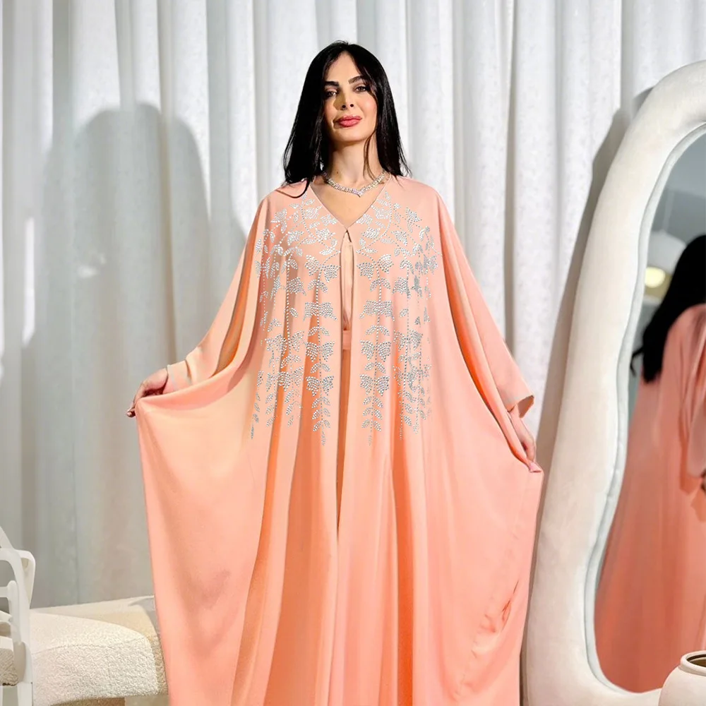 Diamonds Chiffon Abaya Kimono inner dress Set Dubai Muslim Cardigan Abayas Elegant Women Turkey Kaftan Robe female Islam Clothes