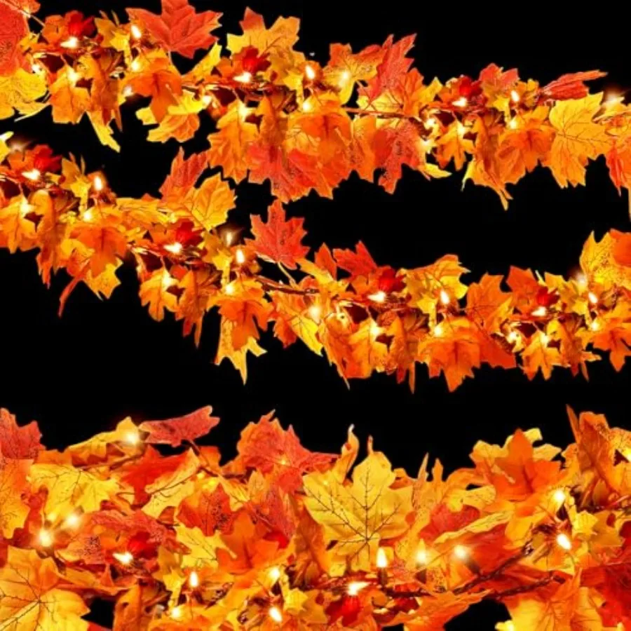 

Fall Leaf Garland with Lights Plug in 35 Orange Bulbs Light Up Fall Leaves Garland Fall Decor Fall Decorations for Home Table T
