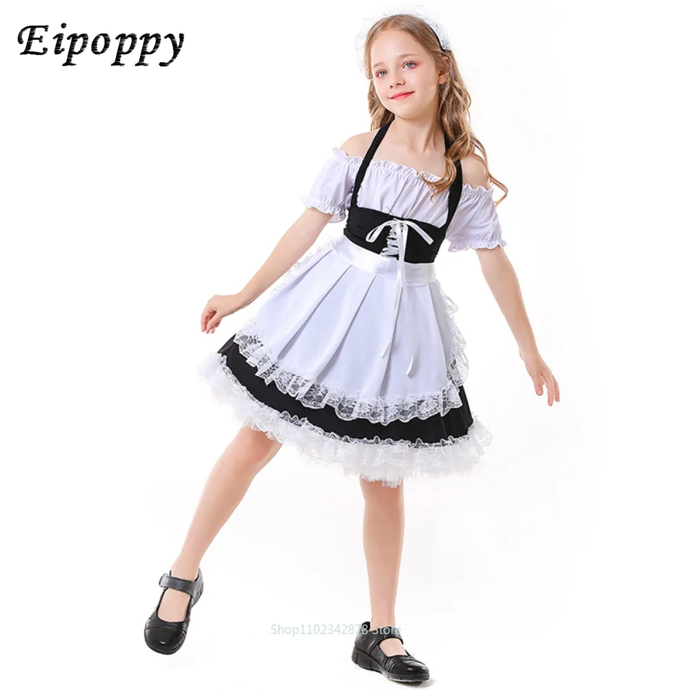 French Style Kids Lovely Maid Cosplay Costume for Girls Lolita Uniform Children Stage Performance Halter Dress Halloween Gift