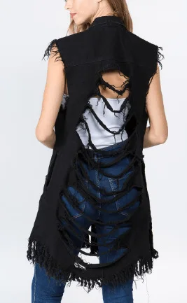 ファッショナブルなタッセルデザインのカジュアルルーズデニムチョッキ。 春夏向け新作ウォッシュ加工ラージリップドノースリーブコート（レディース）