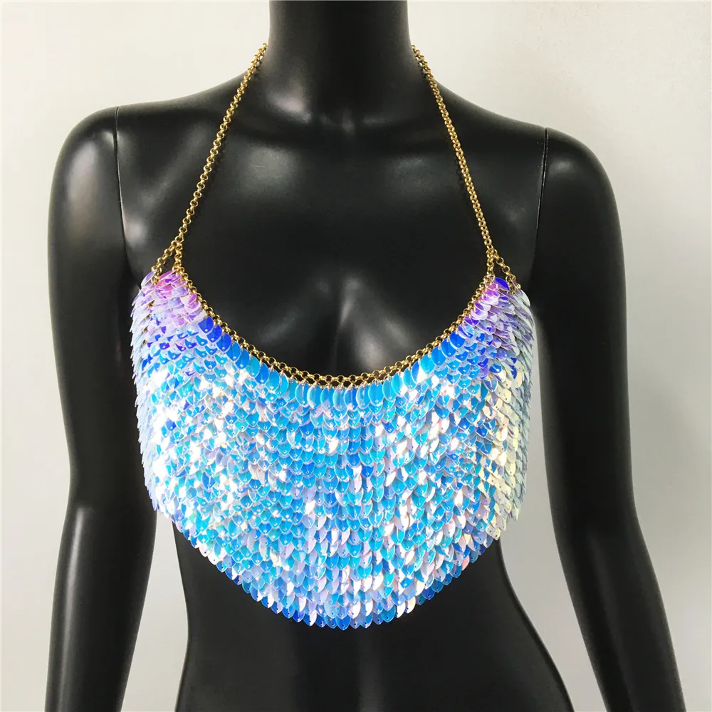 Pailletten Gekleurde Bladeren Crop Top Vrouwen Vest Sexy Nachtclub Metalen Slanke ketting Hangende nek Splicing Glitter Top Vrouwelijk