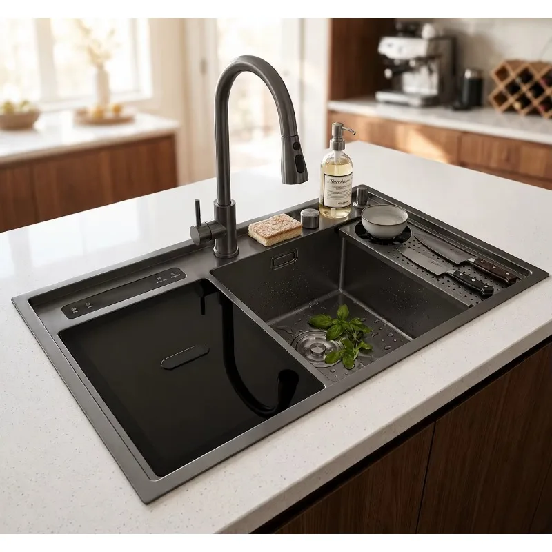 Multifunction Smart Ultrasonic Kitchen Sink Stainless Steel Built-in Workstation Sink with Cup Washer Digital Display wjr