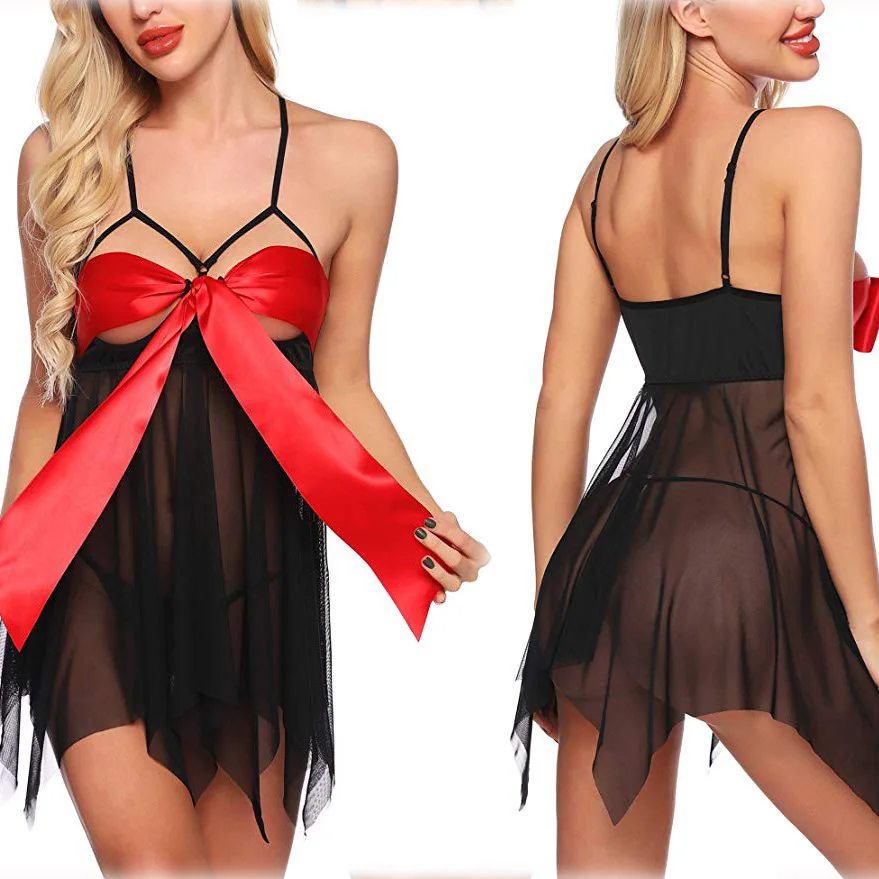 

Sexy Mesh Suspenders Bow Pajamas Lingerie V-neck Short Sleeve Home Clothes for Women Autumn Winter Collection Underwear
