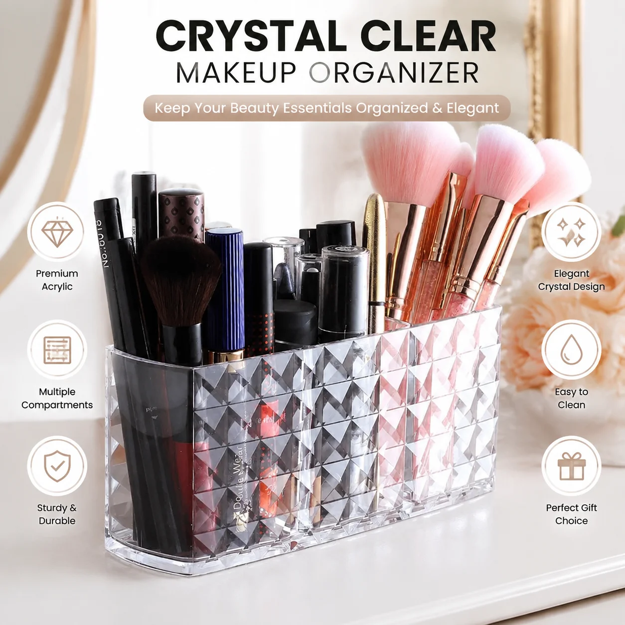 Makeup Brush Storage Box, Storage Cylinder, Three-Compartment Pen Holder, Transparent Acrylic Storage Pen Holder for Eyebrow Pen