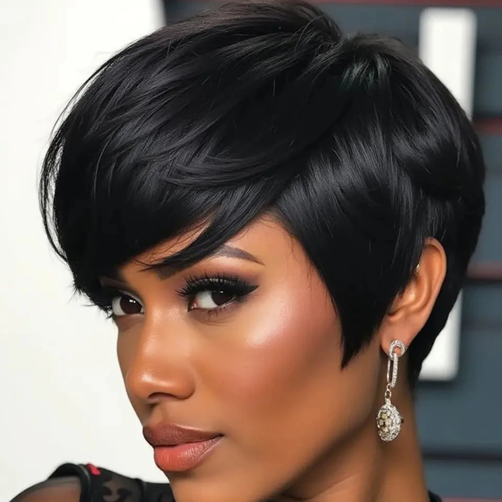 짧은 스트레이트 인모 가발 브라질리언 픽시컷 앞머리 포함 프리컷 레미 헤어 기계 제작 풀 가발 흑인 여성용 일상 착용