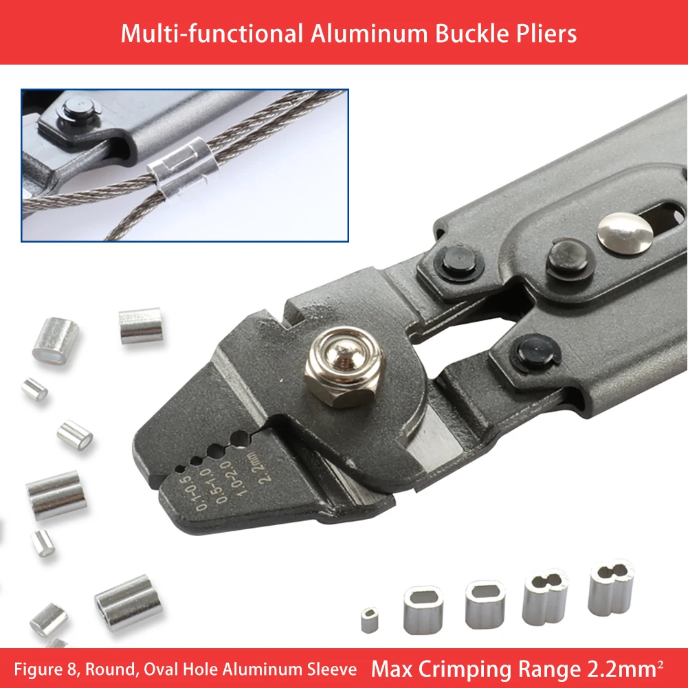 Wire Rope Crimper with Built-in Wire Rope Cutter, for Crimping 0.1-2.2mm Dia. Wire Rope with Aluminum Oval Sleeves, Stop Sleeves