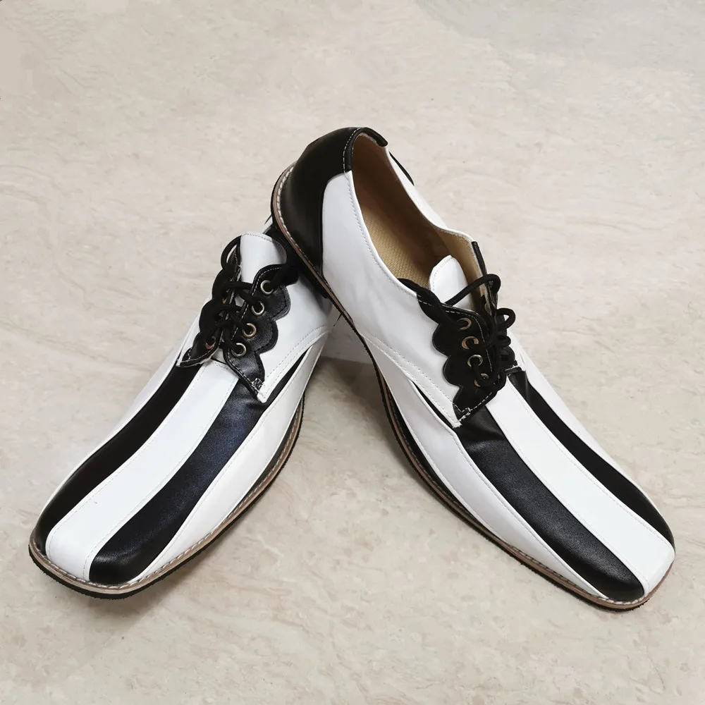 36cm B‌lack White Pointed Toe Clown Shoes For Adults Free Size Club Circus Favors Slim Joker Shoes Halloween Cosplay