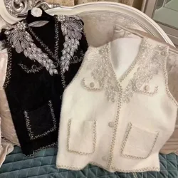 Heavy Industry Pearls Beaded Sequined Faux Fur Knitted Vest Cardigan For Women Knitwear Tank Tops Sleeveless Sweater Waistcoat