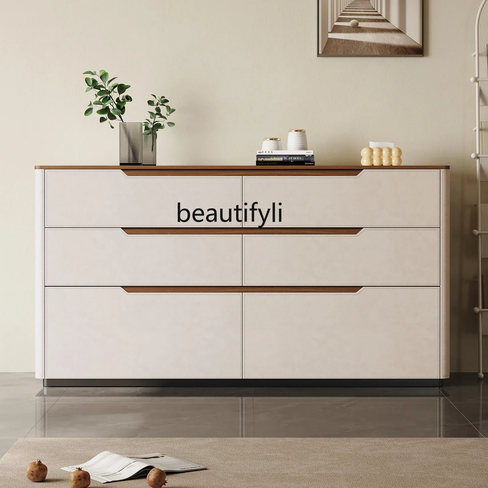 

Bedroom Bedside Long Cabinet Solid Wood Storage Cabinet Saddle Leather Drawer Entryway Storage Cabinet