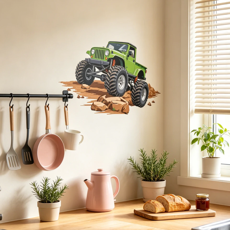 1 green monster Jeep wall sticker, off-road truck large tire, rock dirt, ground wall sticker