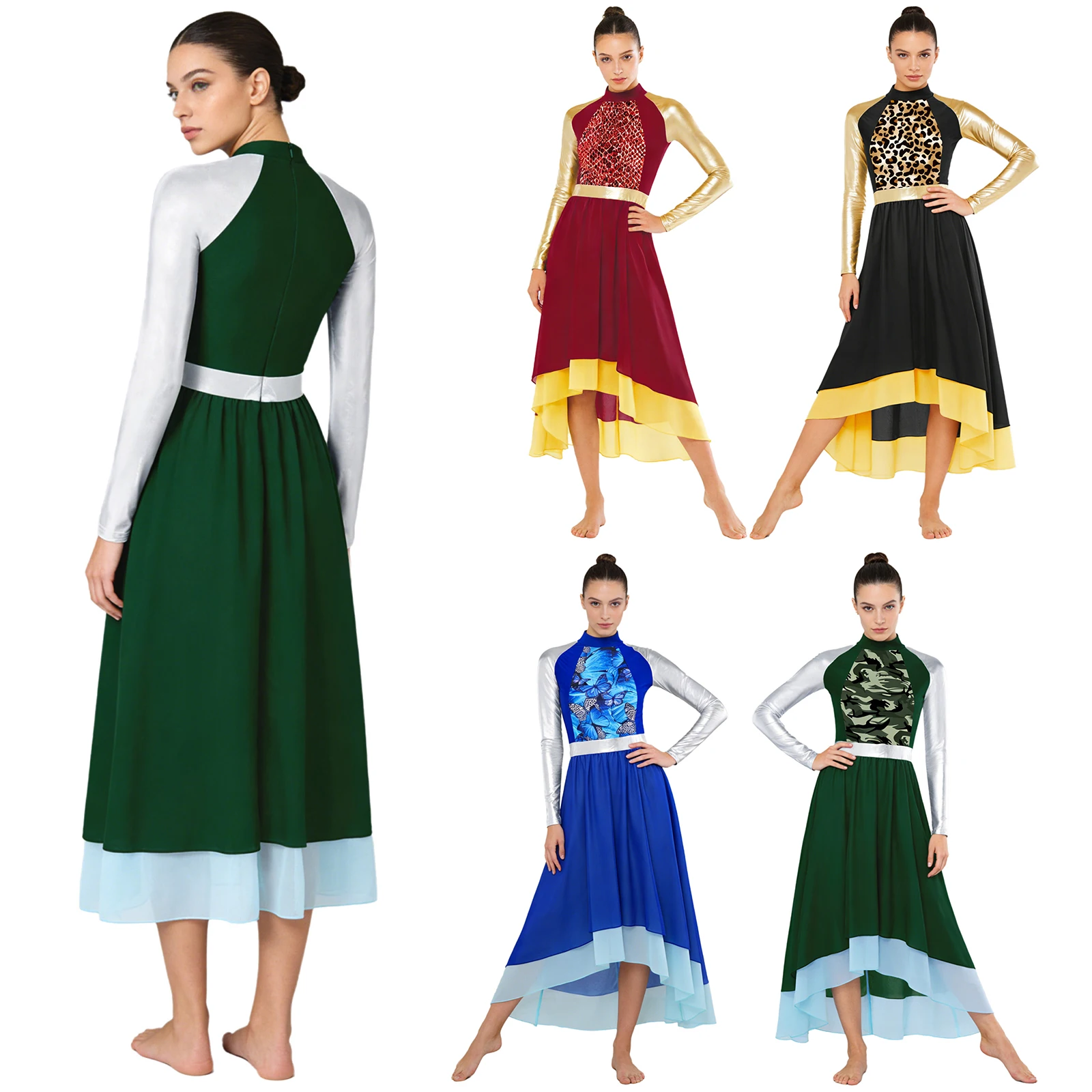 

Womens Worship Praise Ballet Lyrical Contemporary Dance Leotards Dress Costume Print 2-layer Chiffon High-low Hem Church Dresses