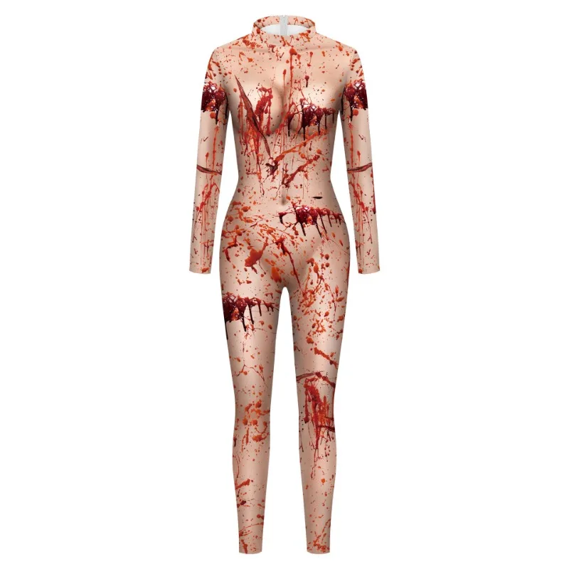 Enge Halloween Horror Zombie Met Bloed Bevlekte Print Cosplay Vrouwen Party Performance Kostuum Zentai Catsuit Bodysuits Verkleden