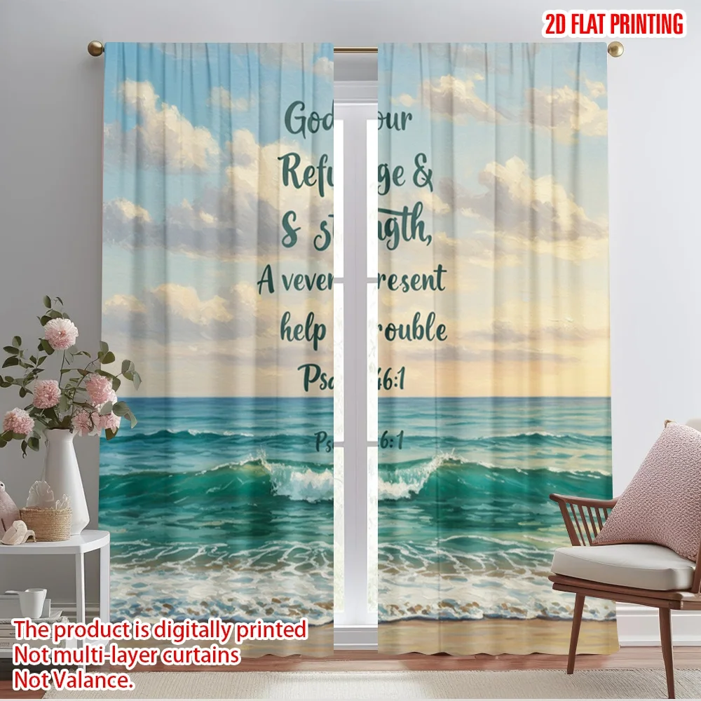 

2pcs 2D flat printing Drapes Ocean Beach Waves God Refuge Strength Polyester Without Electricity 0 Use for Holiday Family
