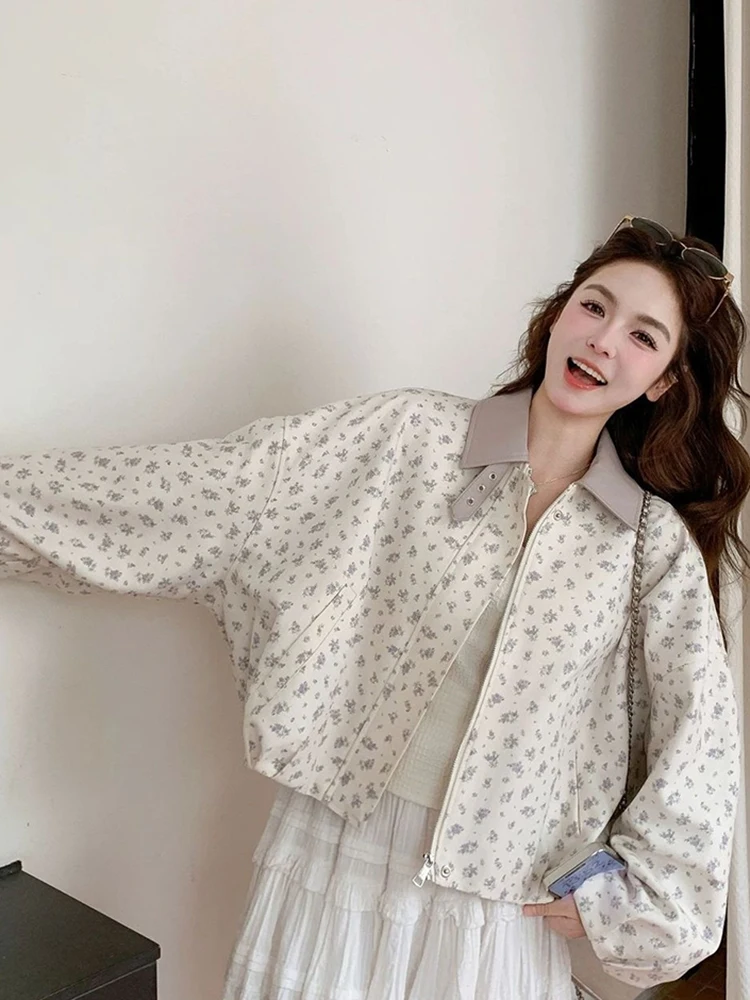 Sweet Floral Jacket Women Elegant Loose Long Sleeve Cute Preppy Style Short Coat Fall Winter Fashion Female Zipper Outwear Tops