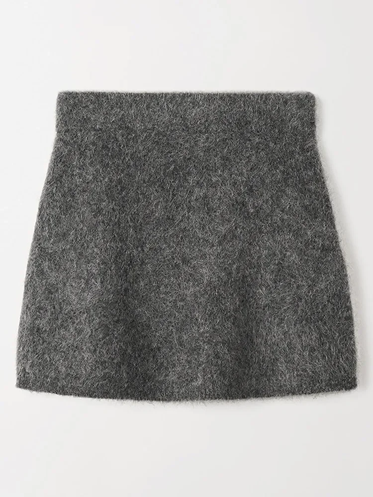 Conjunto mohair de malha de duas peças para mulheres, saia extragrande, gola em O, pulôver recortado para senhora, saída de trajeto, suéter cinza, moda chique