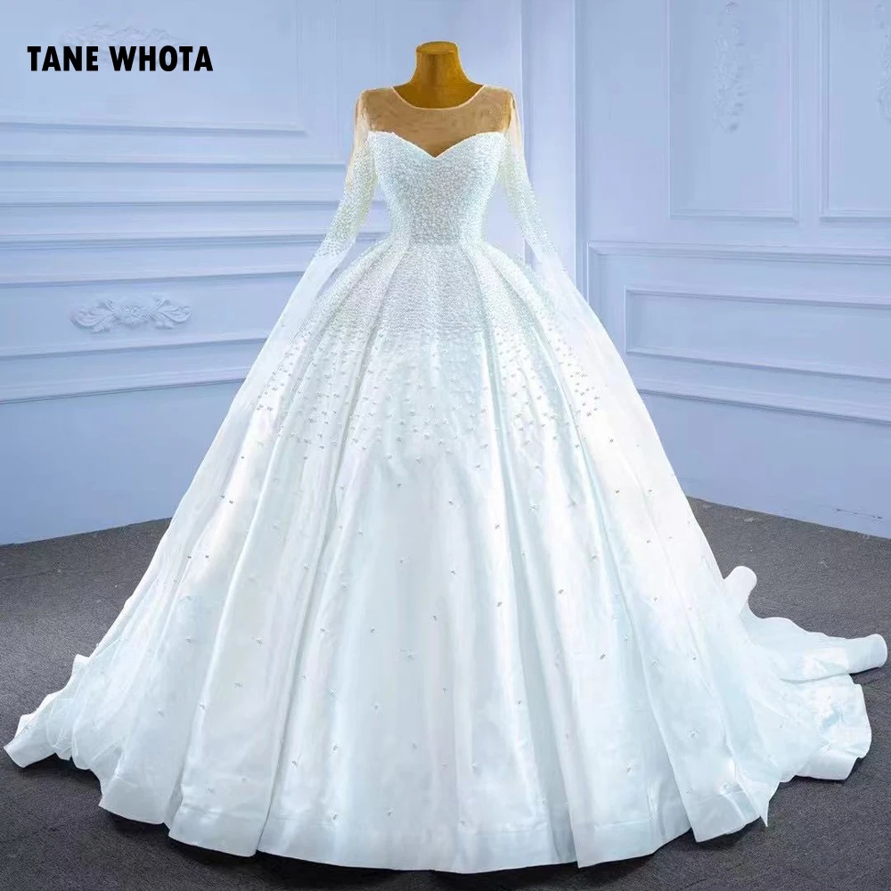 Customized Ball Gown O Neck Long Sleeves Lace Up Back Wedding Dress Beading Stunning Bridal Dress