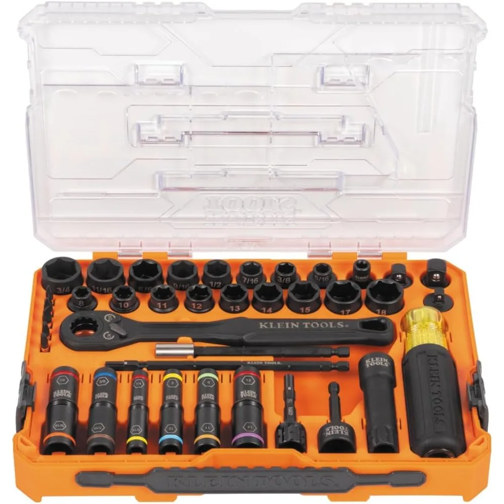 

Набор ударных головок Klein Tools 65500KNECT KNECT, набор сквозных головок SAE и метрических проходок, трещотка с 90 зубьями, корпус MODbox, SAE, метрический