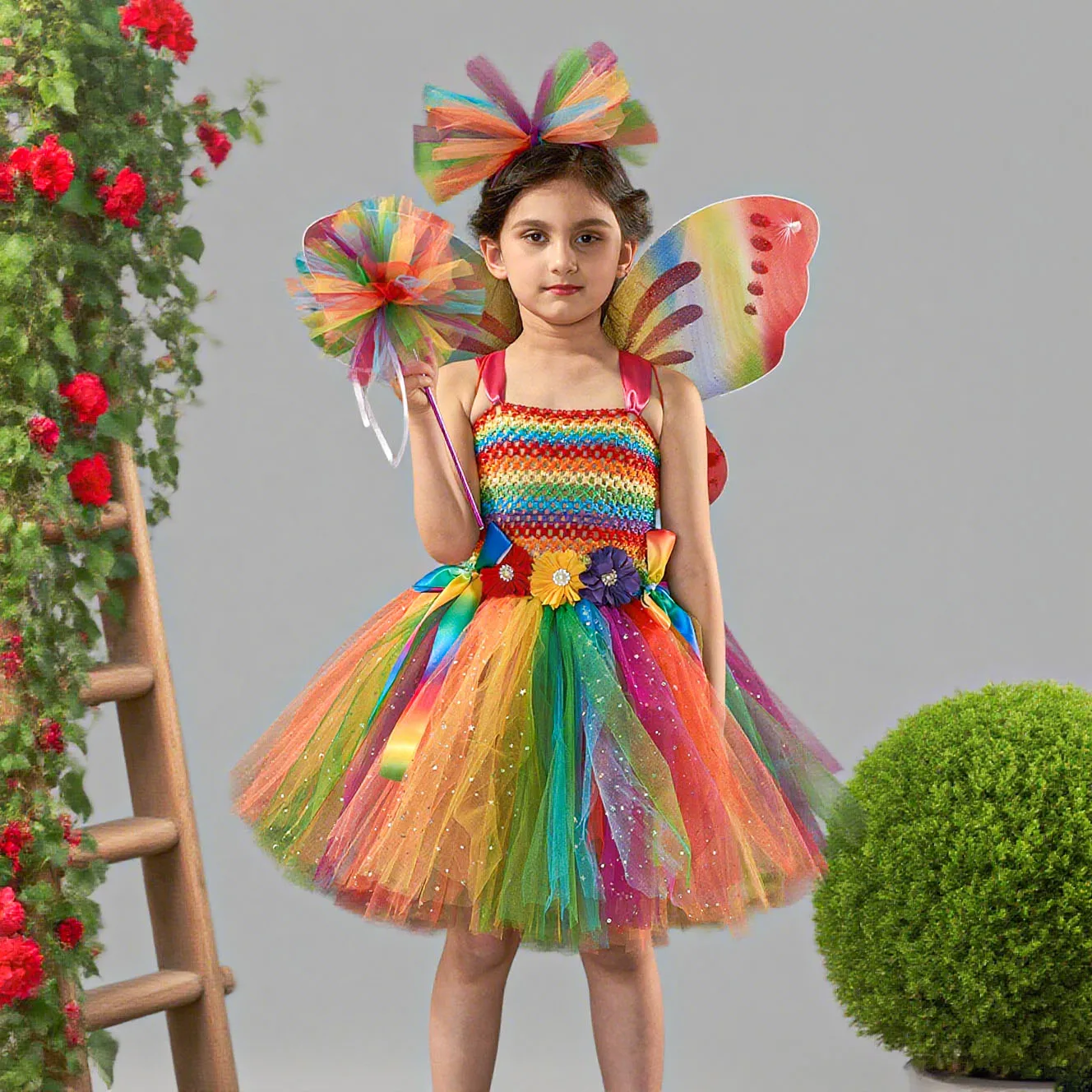 

Girl Rainbow Fairy Dress Grid Sparkly Flower Halloween Children Elf Costume For Stage Performance Party Suspender Mesh Skirt