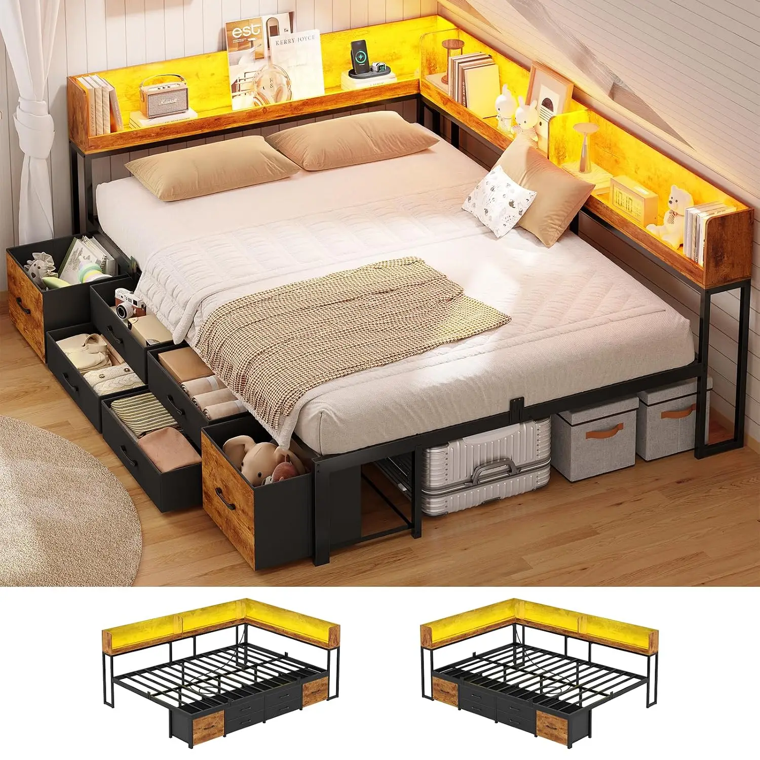 14 Inch Corner Metal Daybed with Bookcase, 6 Drawers, Charging Station & LED Light,  Black, Customized