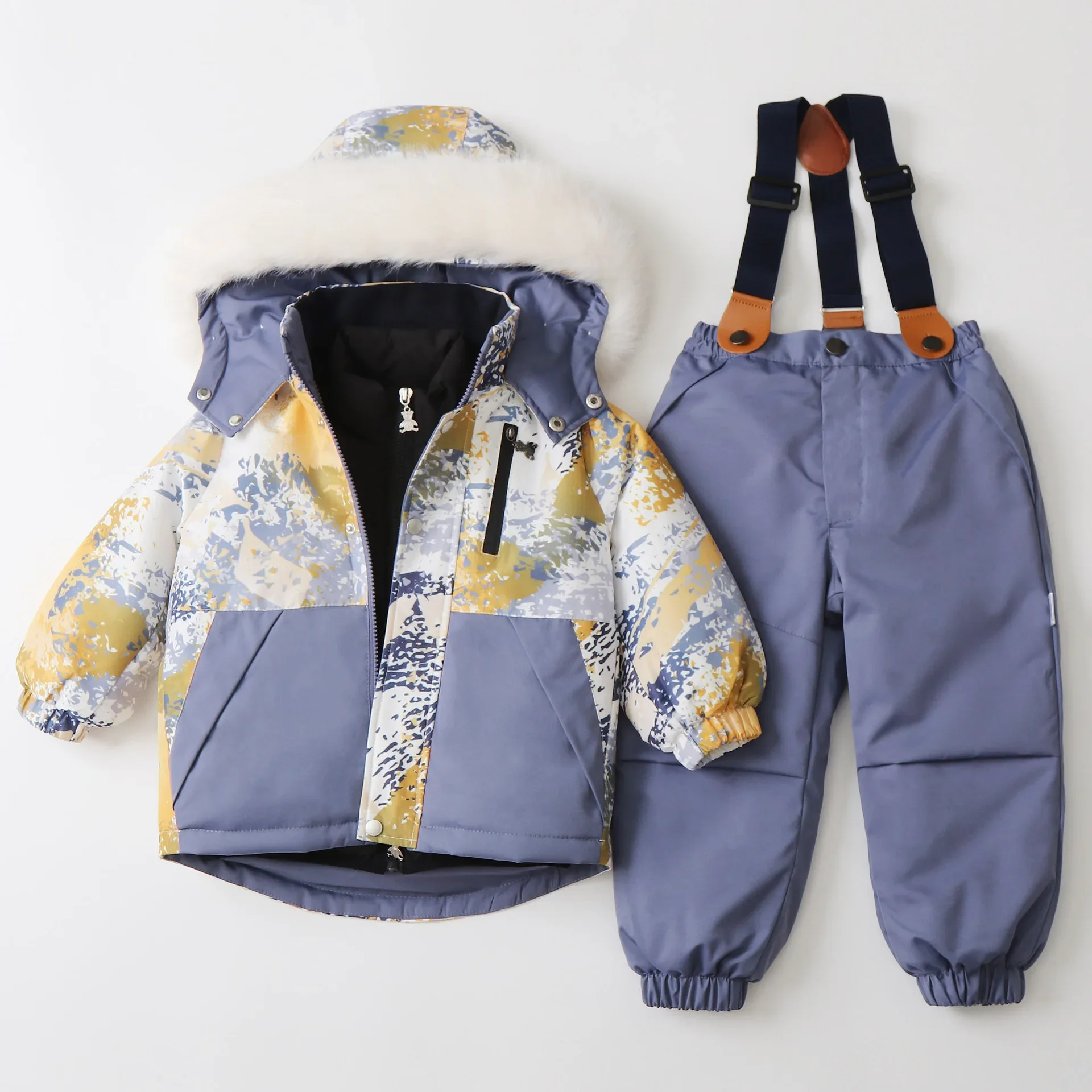 

3Pcs Winter 2024 Kid's Ski Clothes Set Boys Thicken Warm Waterproof Suit Coat+Vest+Overalls Girls Outfit Childrens Snowsuit